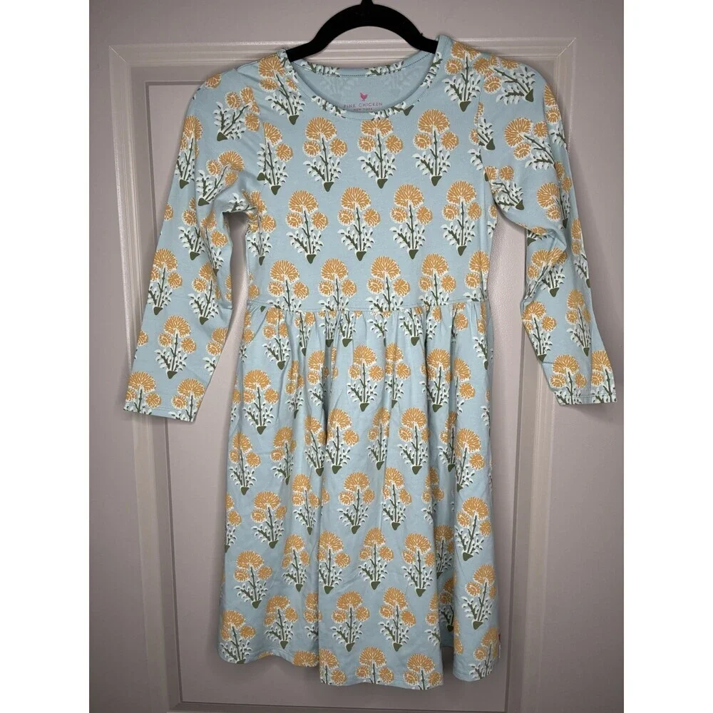 Pink Chicken Girls Long Sleeve Blue Floral Dress Size 10Y